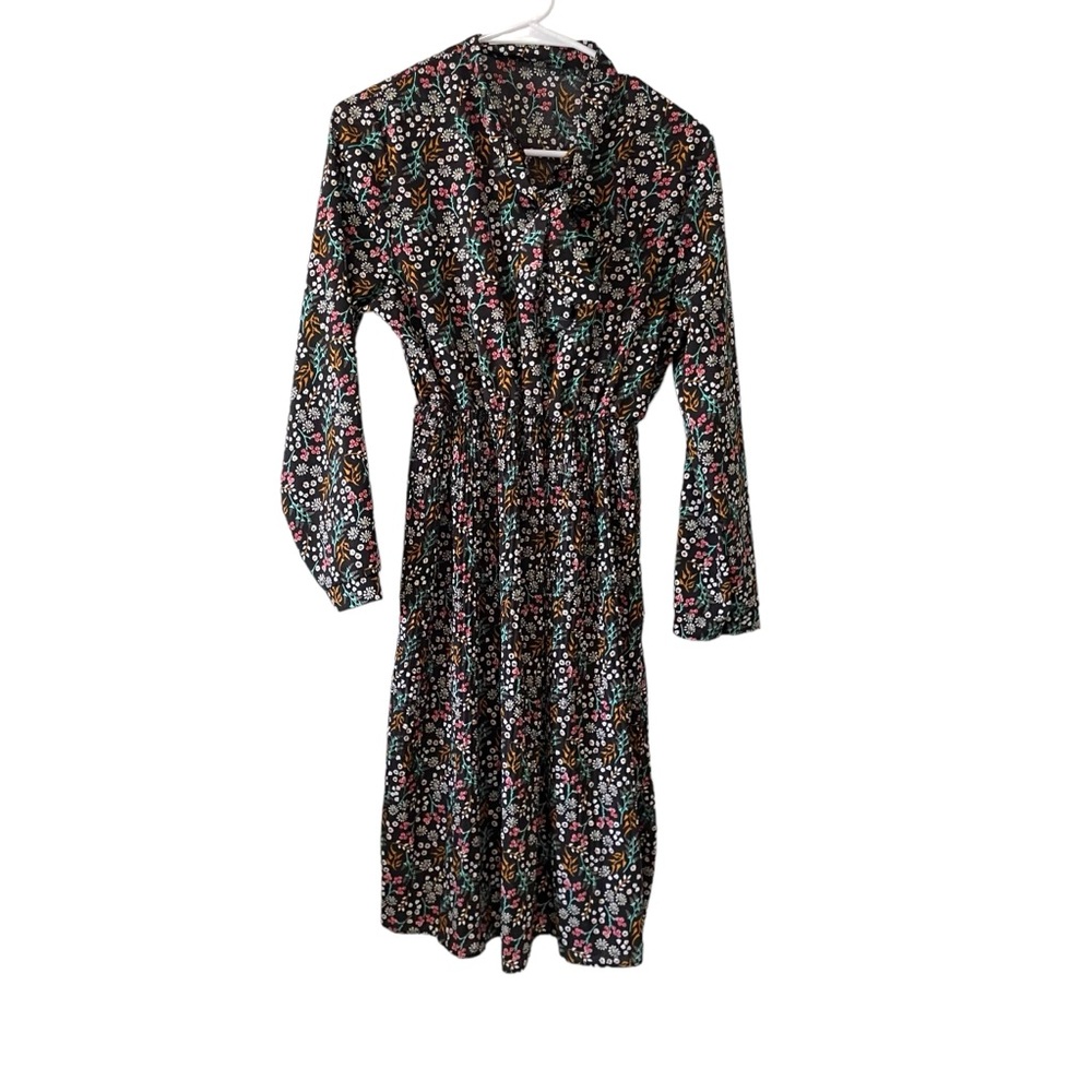 Long Sleeve Dress Black Ditzy Floral High Neck Tie Bow Size Small